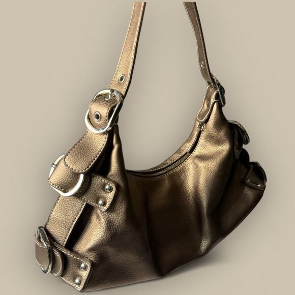 Vtg Bronze Mini Bag Purse Y2K 2000s Buckle Detail Shoulder Strap Metallic Hobo - Picture 1 of 5